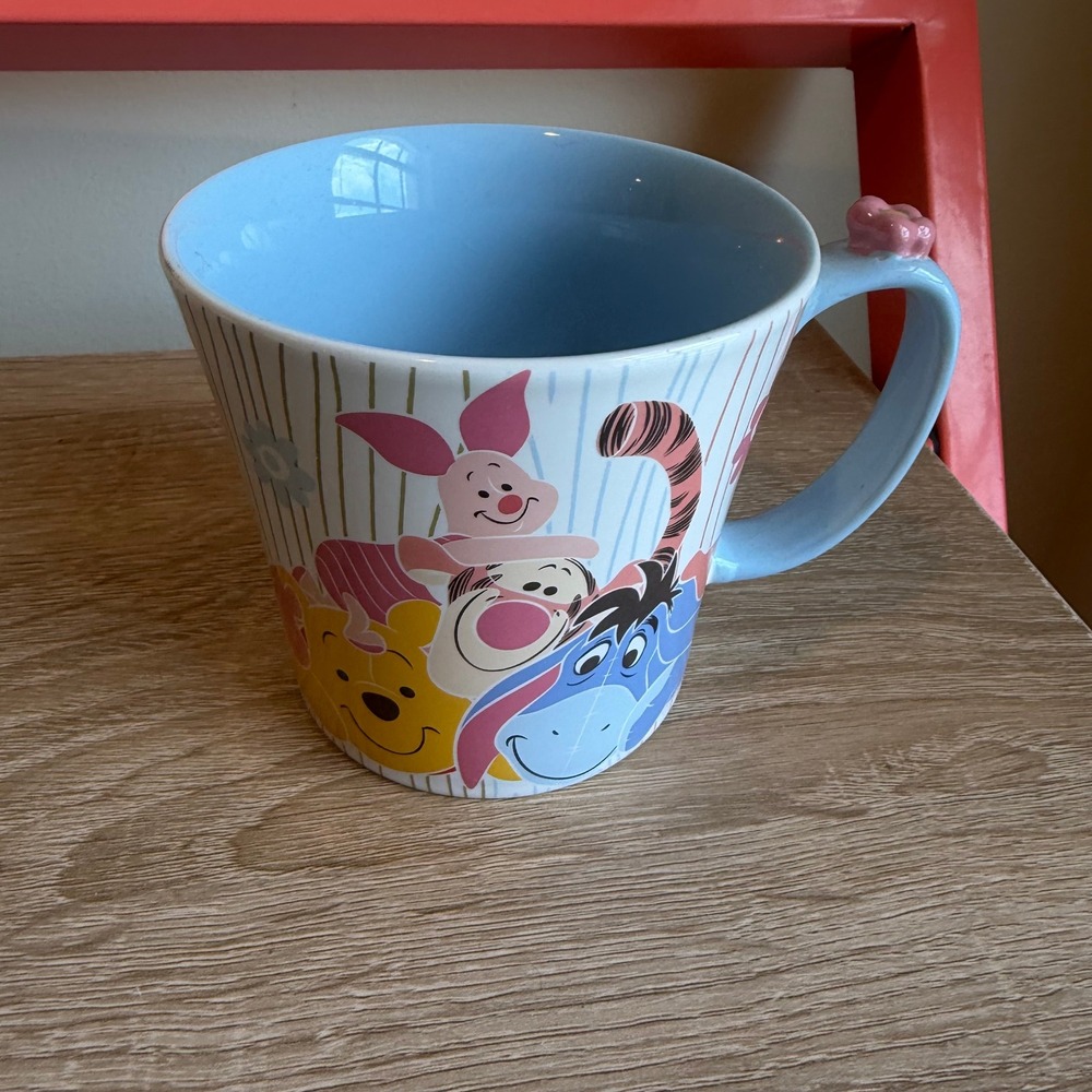 Disney Store Winnie the Pooh Piglet Tigger Eeyore Blue Mug with 3D Flower Handle